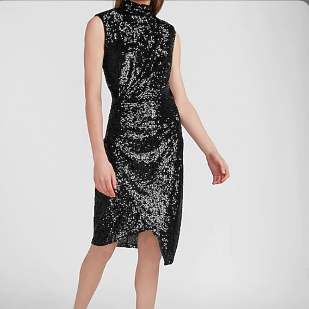 EXPRESS sequin asymmetrical mock neck dress